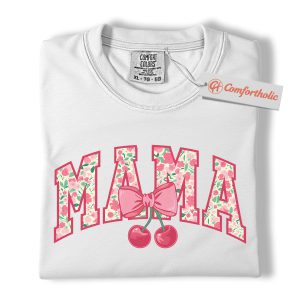 Alternative view of Floral Mama Shirt, Pink Cherry Bow Mom Shirt, Cute Mother's Day Shirt, Gift for Trendy Moms, Comfort Colors Shirt