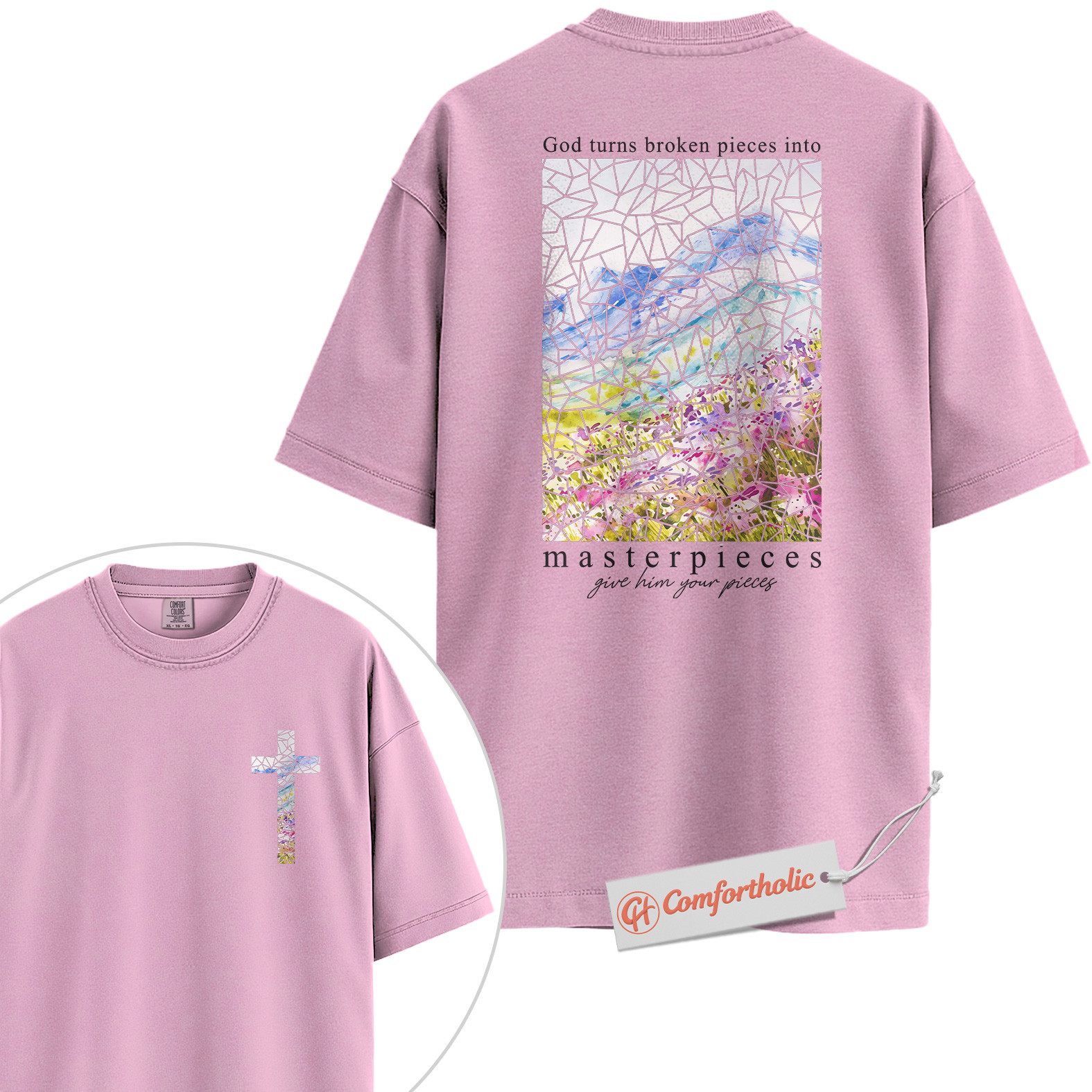 God Turns Broken Pieces Into Masterpieces Shirt, Christian Shirt, Bible Verse Shirt, Stained Glass Cross Shirt, Faith Gift, Comfort Colors Shirt 2-Sided - Image 8