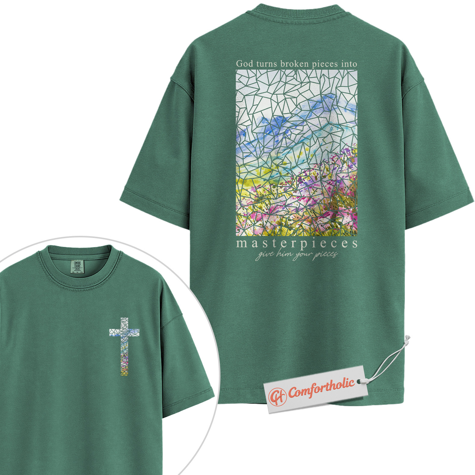 God Turns Broken Pieces Into Masterpieces Shirt, Christian Shirt, Bible Verse Shirt, Stained Glass Cross Shirt, Faith Gift, Comfort Colors Shirt 2-Sided - Image 10