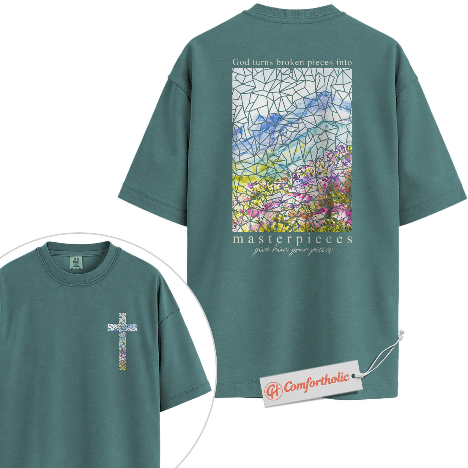 God Turns Broken Pieces Into Masterpieces Shirt, Christian Shirt, Bible Verse Shirt, Stained Glass Cross Shirt, Faith Gift, Comfort Colors Shirt 2-Sided - Image 11