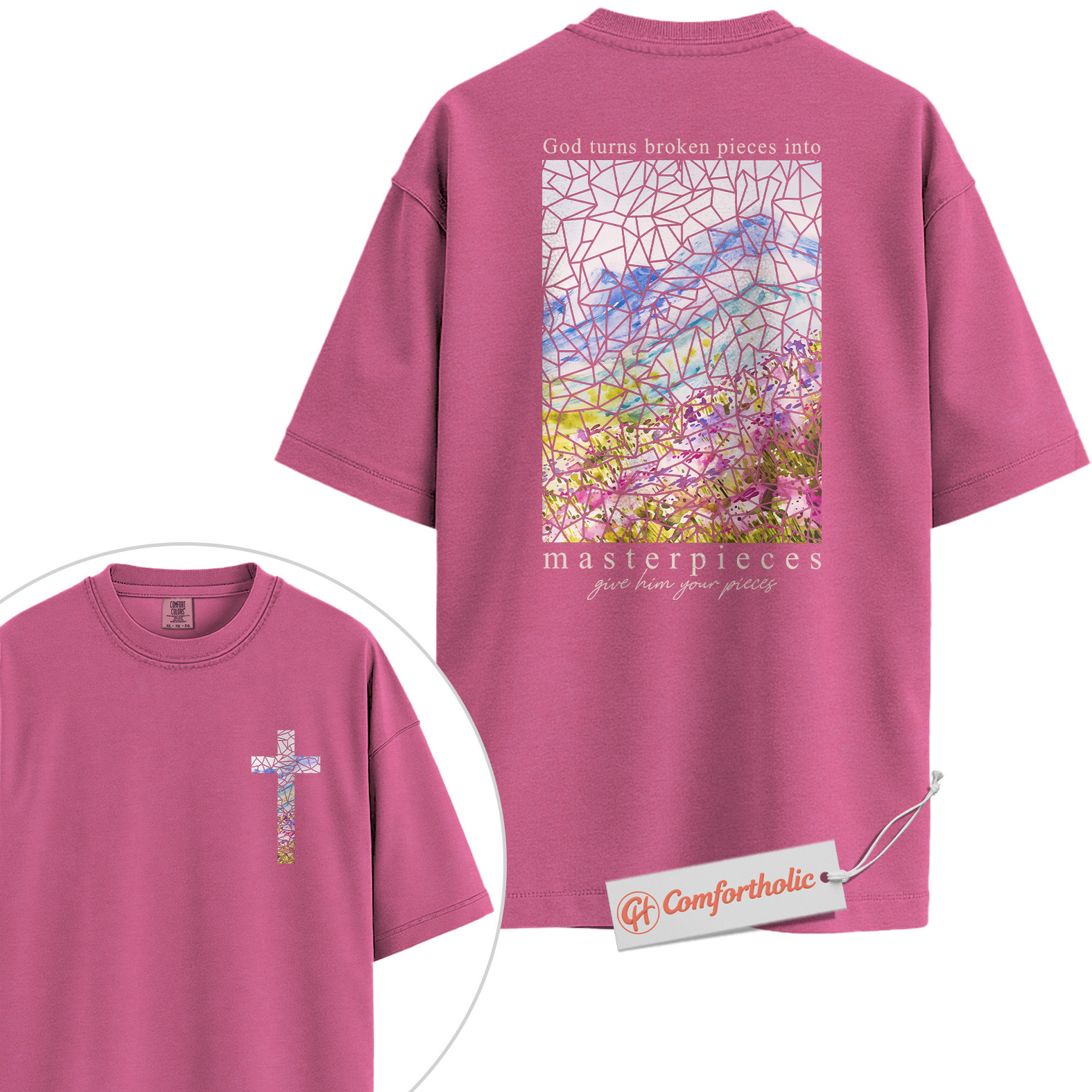 God Turns Broken Pieces Into Masterpieces Shirt, Christian Shirt, Bible Verse Shirt, Stained Glass Cross Shirt, Faith Gift, Comfort Colors Shirt 2-Sided - Image 16