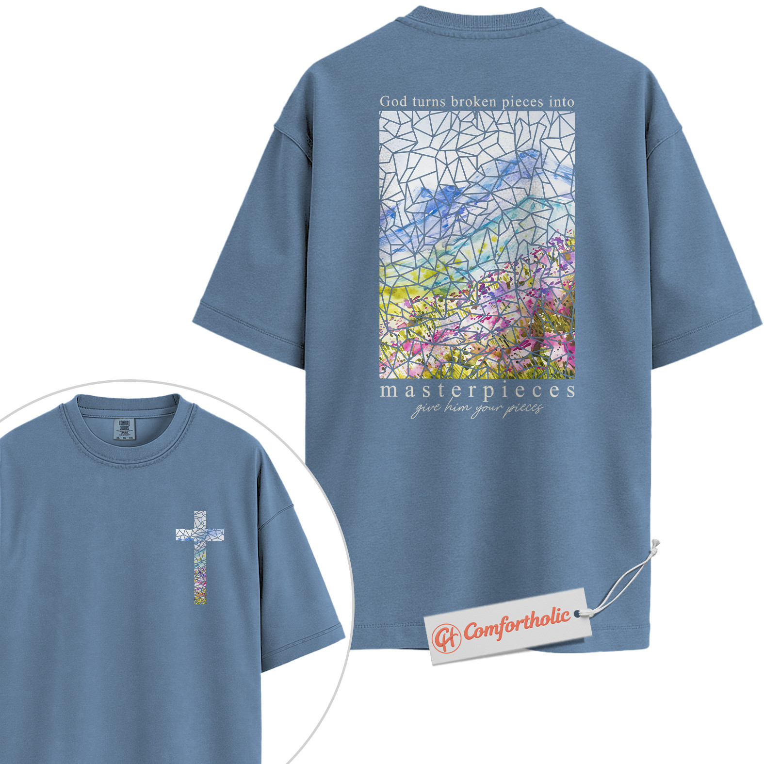 God Turns Broken Pieces Into Masterpieces Shirt, Christian Shirt, Bible Verse Shirt, Stained Glass Cross Shirt, Faith Gift, Comfort Colors Shirt 2-Sided - Image 17
