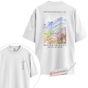 Alternative view of God Turns Broken Pieces Into Masterpieces Shirt, Christian Shirt, Bible Verse Shirt, Stained Glass Cross Shirt, Faith Gift, Comfort Colors Shirt 2-Sided