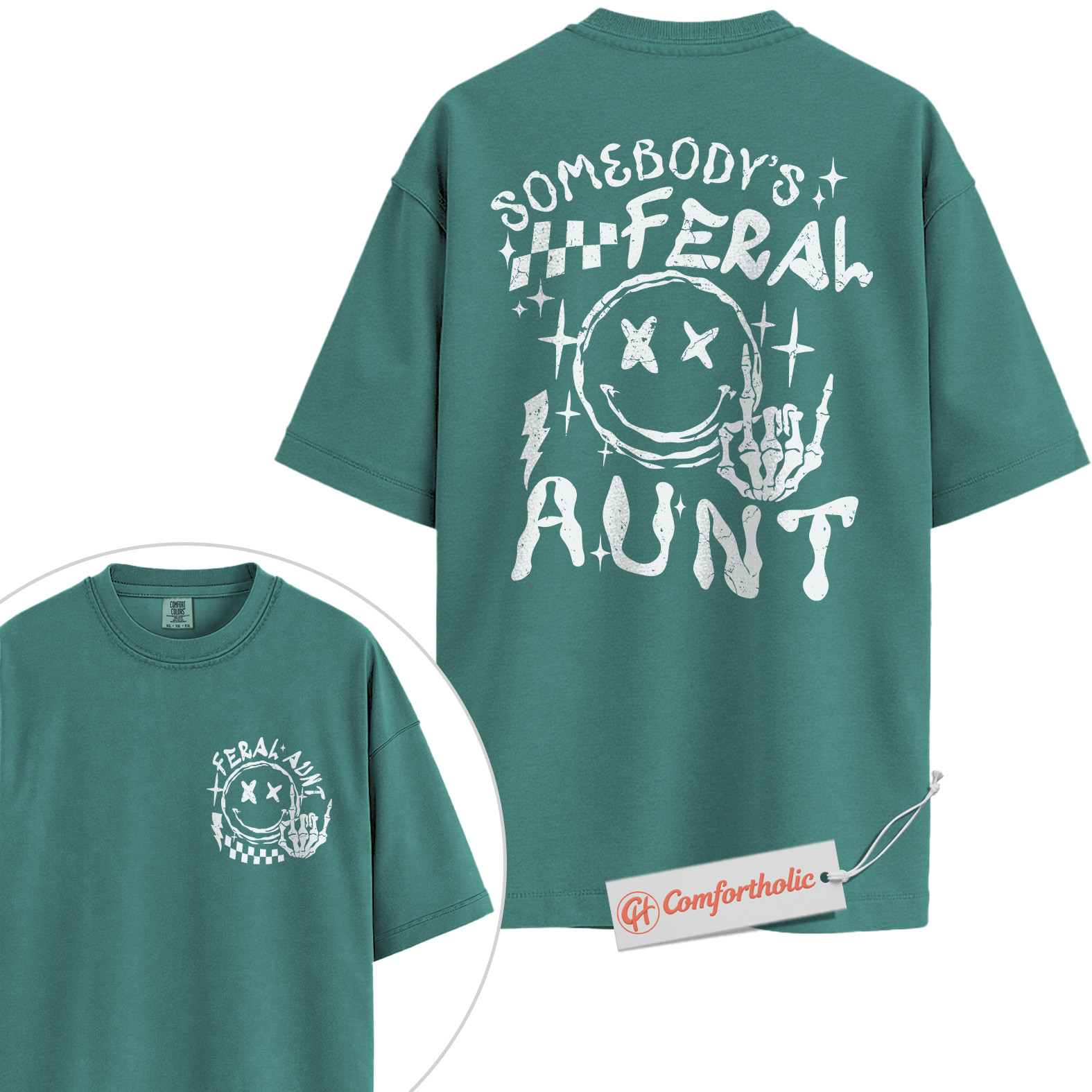 Somebody’s Feral Aunt Shirt, Funny Auntie Shirt, Cool Alternative Family Shirt, Comfort Colors Shirt 2-Sided - Image 13