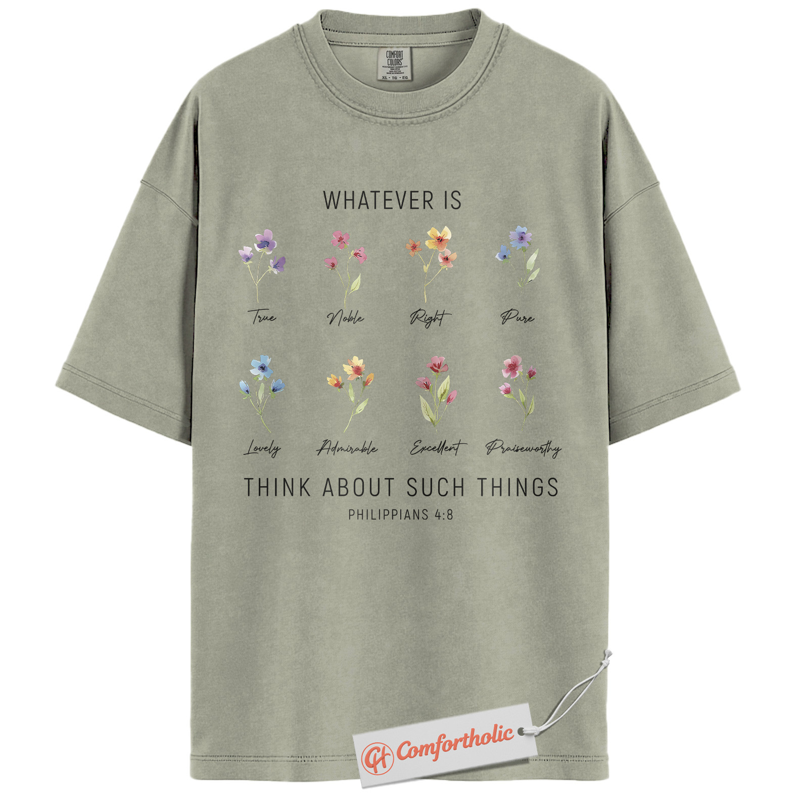 Think About Such Things Shirt, Philippians 4:8 Bible Verse Shirt, Christian Shirt, Floral Faith Shirt, Inspirational Comfort Colors Shirt - Image 6