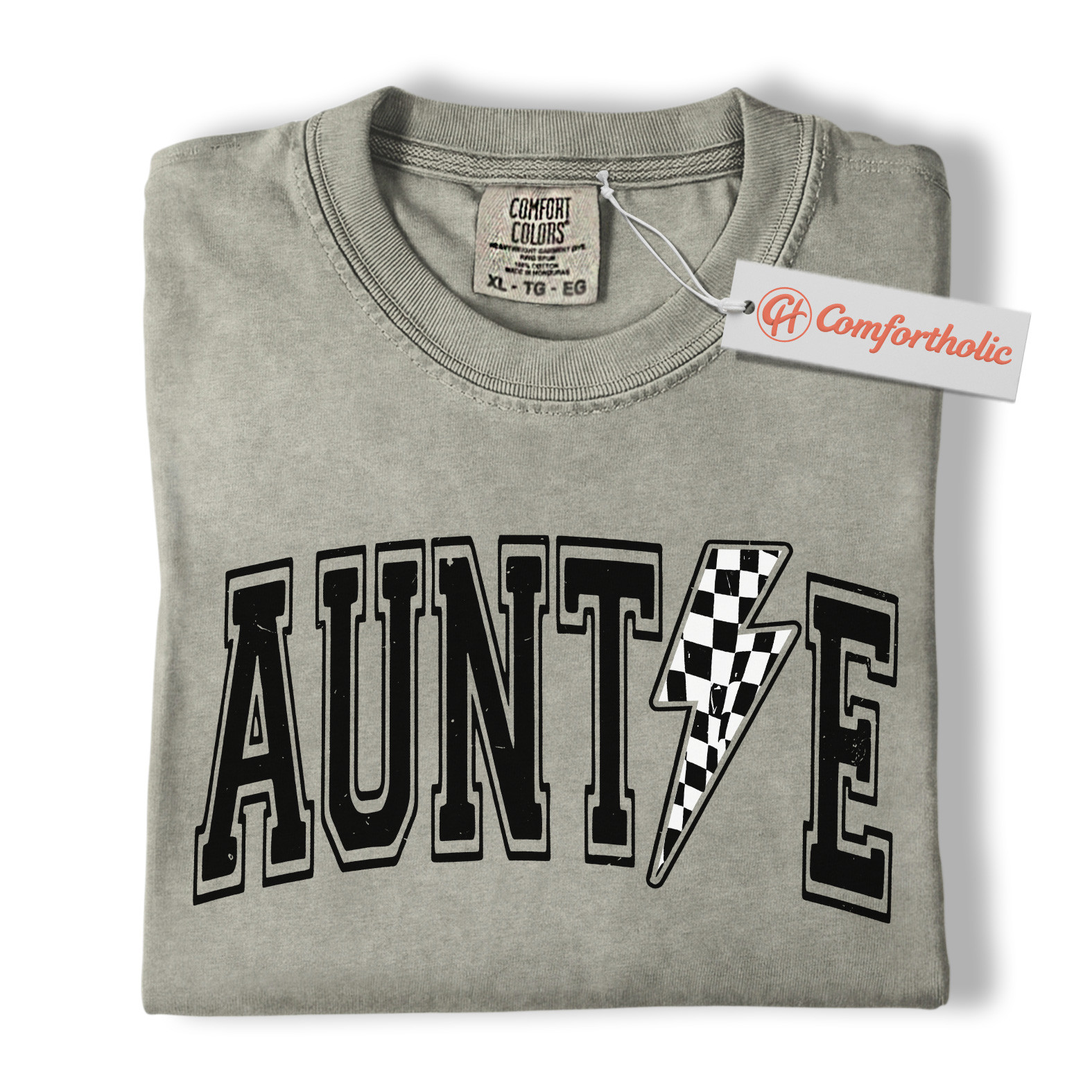Auntie Shirt, Lightning Bolt Graphic Tee, Cool Checker Print Aunt T-Shirt, Trendy Comfort Colors Shirt
