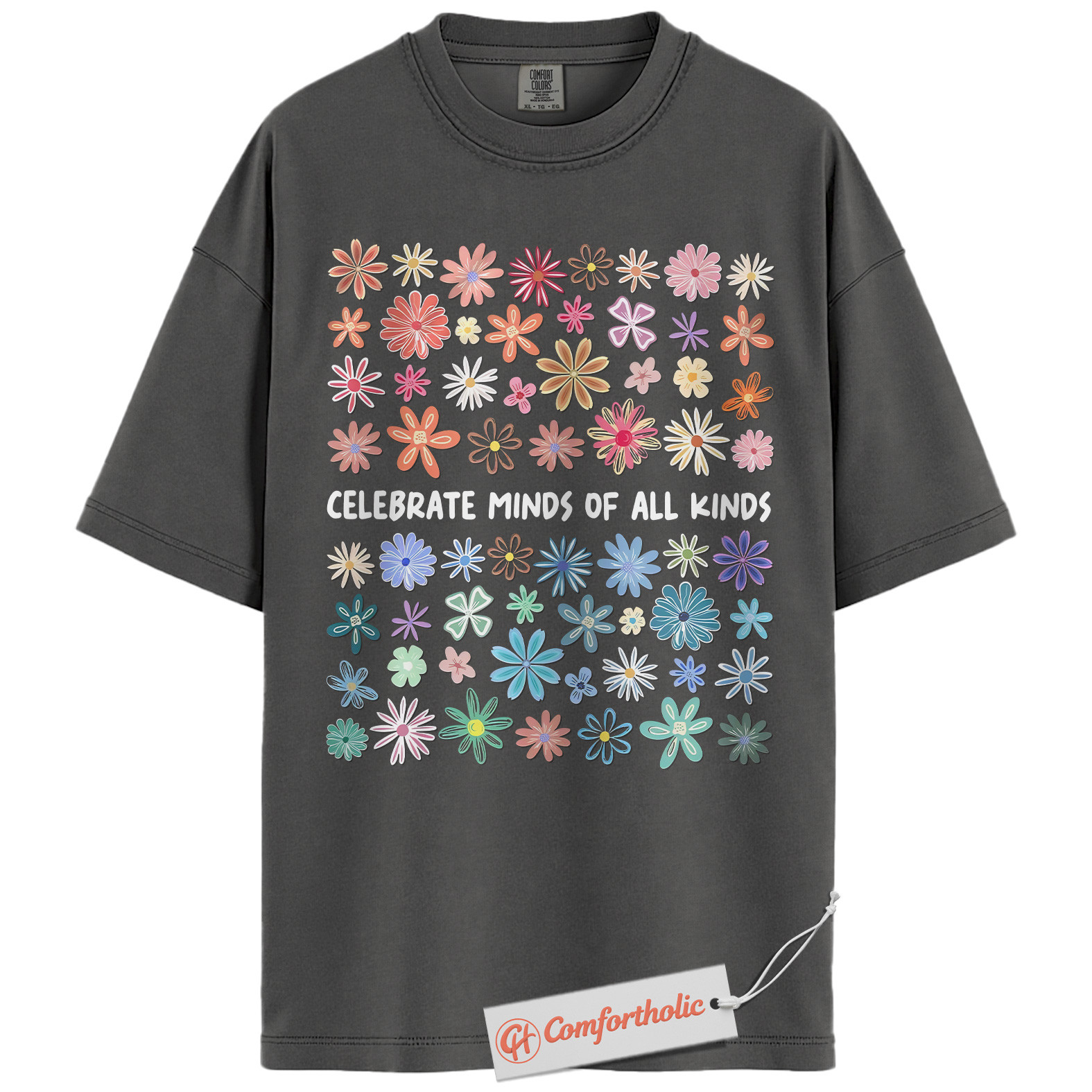 Celebrate Minds of All Kinds Shirt, Neurodiversity Awareness T-Shirt, Mental Health Positivity Tee, Colorful Flower Comfort Colors Shirt - Image 3