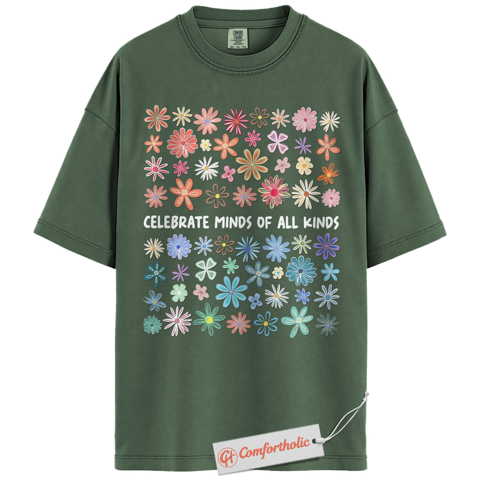Celebrate Minds of All Kinds Shirt, Neurodiversity Awareness T-Shirt, Mental Health Positivity Tee, Colorful Flower Comfort Colors Shirt - Image 5