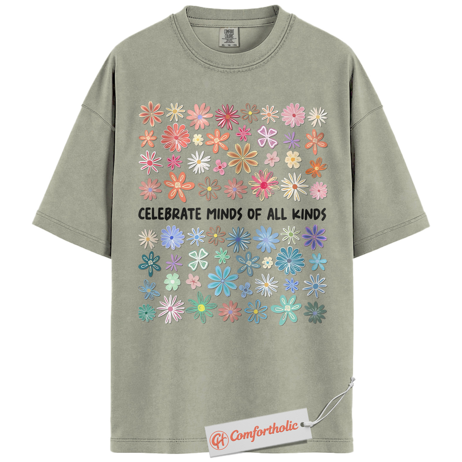 Celebrate Minds of All Kinds Shirt, Neurodiversity Awareness T-Shirt, Mental Health Positivity Tee, Colorful Flower Comfort Colors Shirt - Image 6