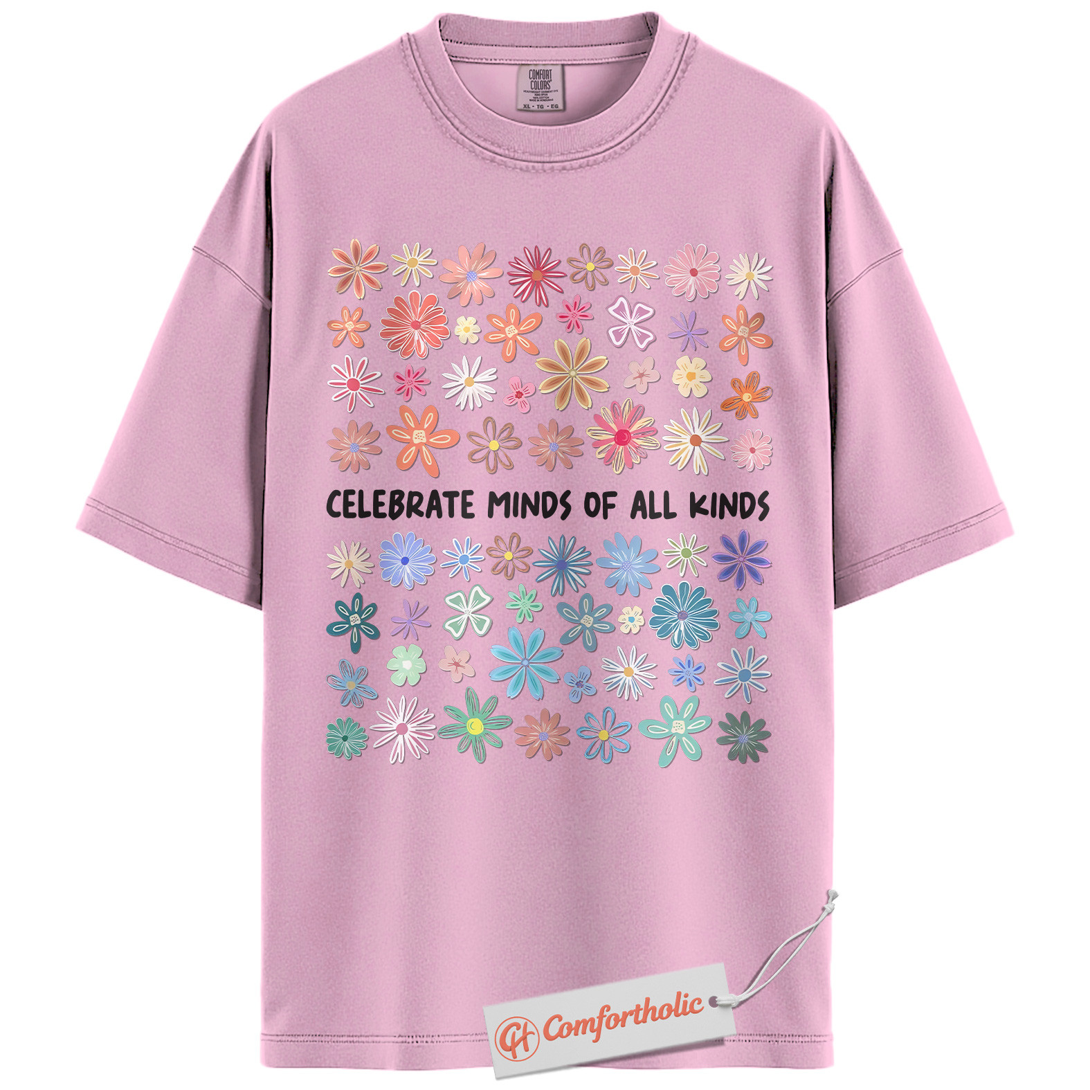 Celebrate Minds of All Kinds Shirt, Neurodiversity Awareness T-Shirt, Mental Health Positivity Tee, Colorful Flower Comfort Colors Shirt - Image 8