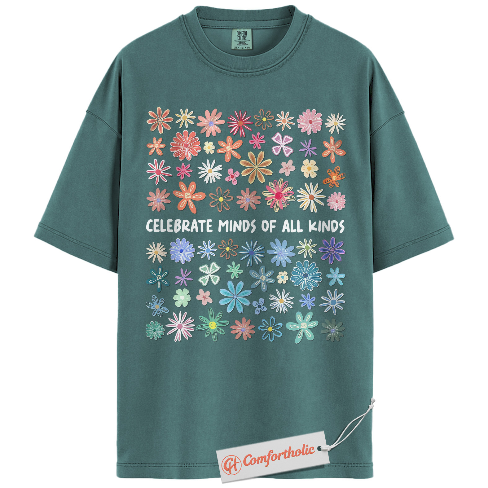 Celebrate Minds of All Kinds Shirt, Neurodiversity Awareness T-Shirt, Mental Health Positivity Tee, Colorful Flower Comfort Colors Shirt - Image 11