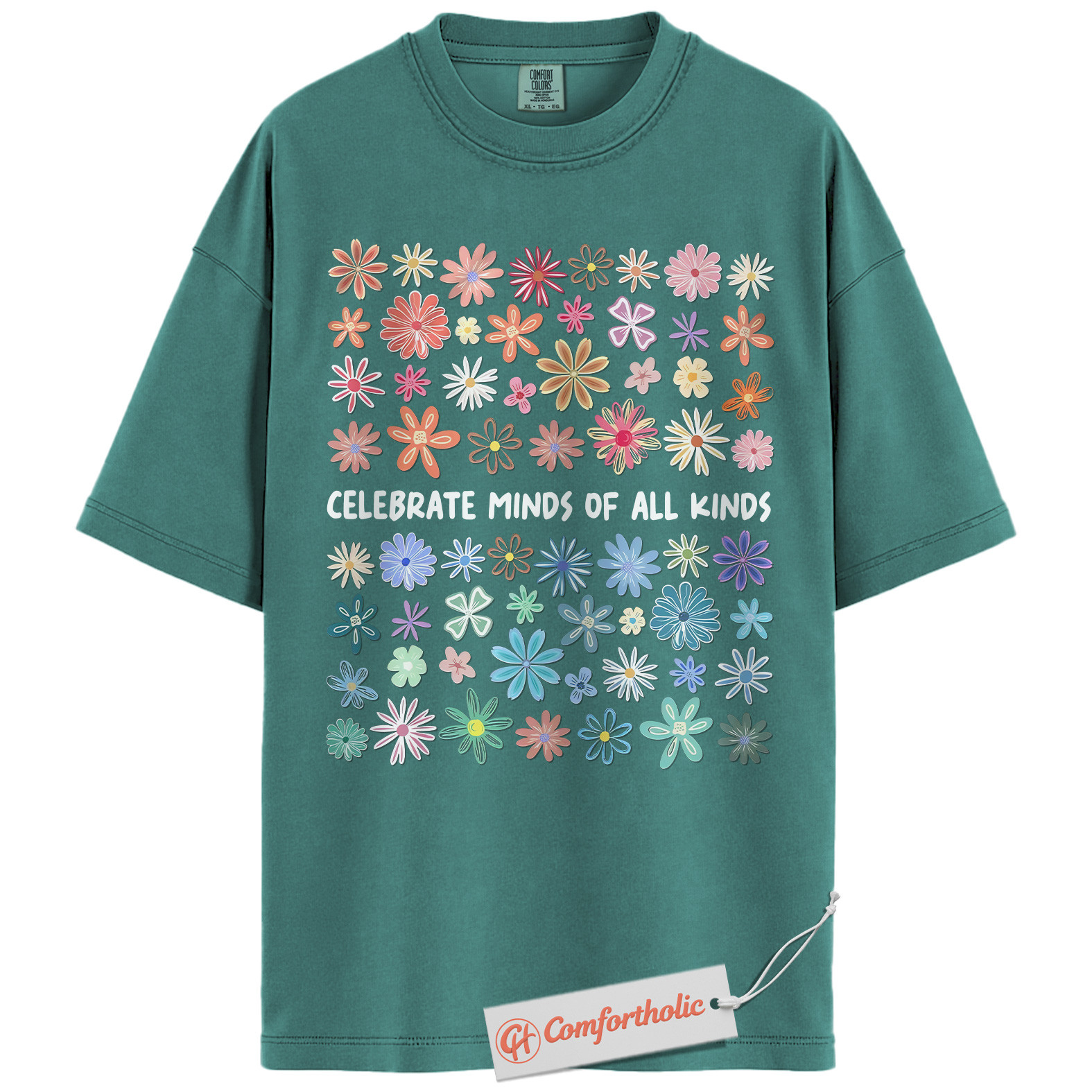 Celebrate Minds of All Kinds Shirt, Neurodiversity Awareness T-Shirt, Mental Health Positivity Tee, Colorful Flower Comfort Colors Shirt - Image 13