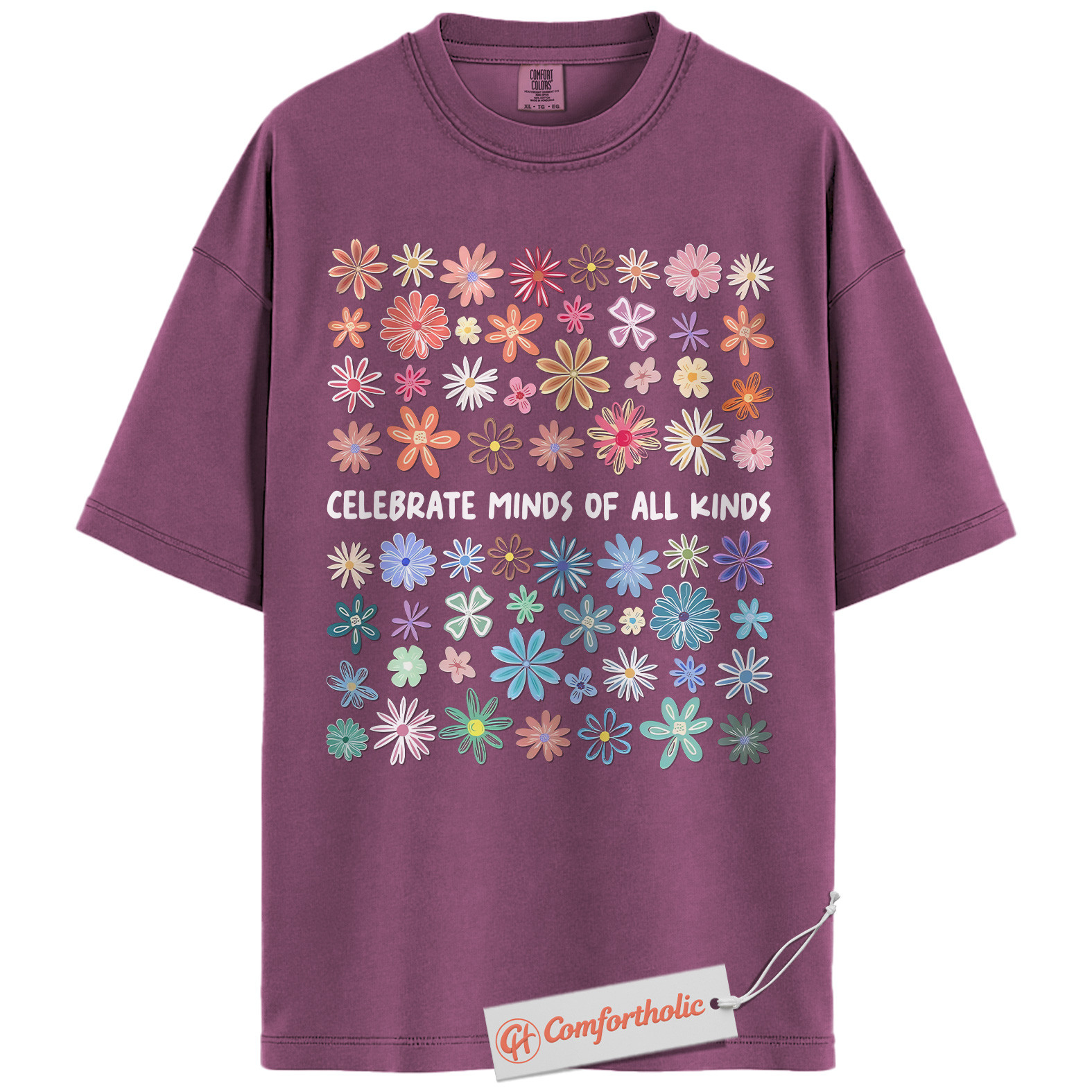 Celebrate Minds of All Kinds Shirt, Neurodiversity Awareness T-Shirt, Mental Health Positivity Tee, Colorful Flower Comfort Colors Shirt - Image 15
