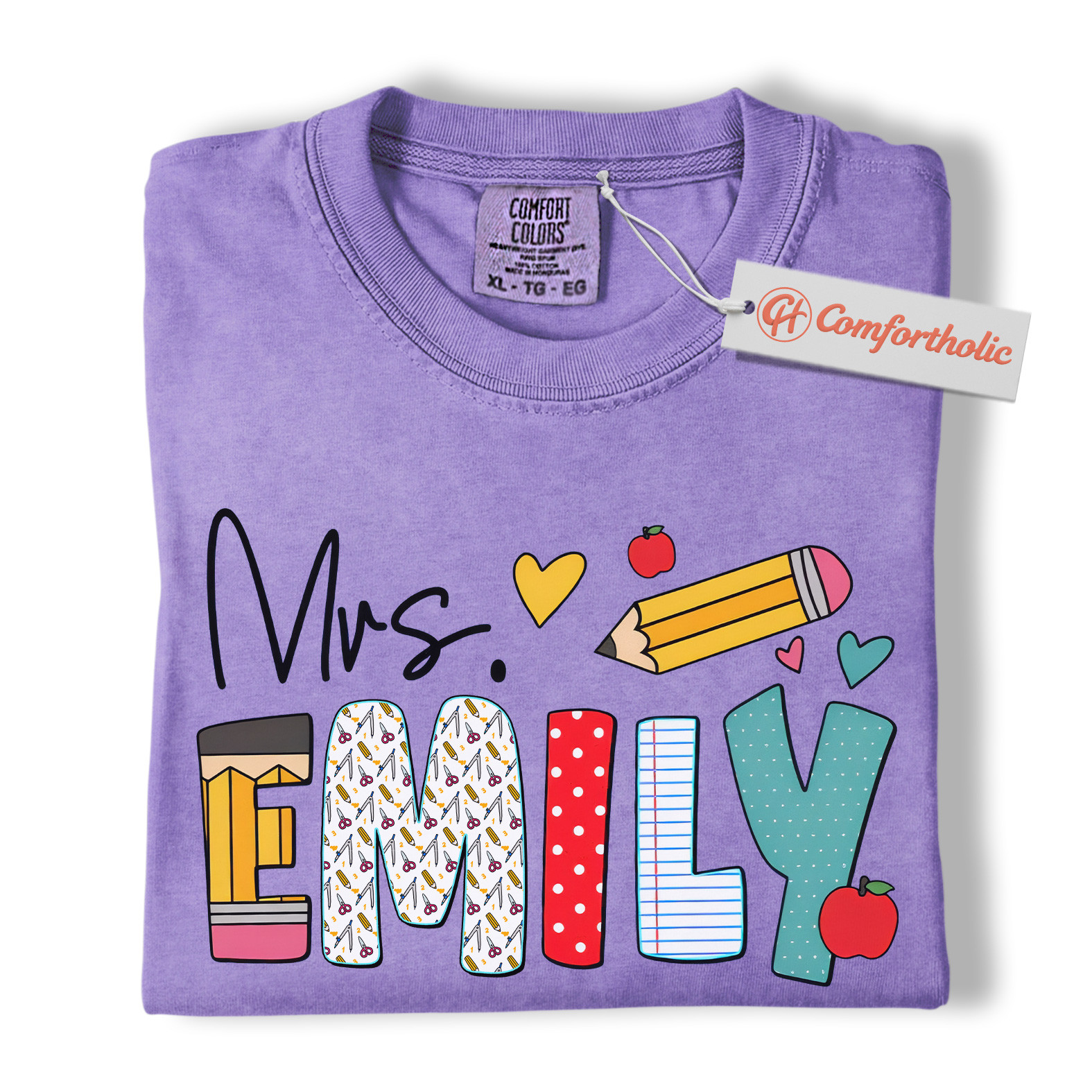 Personalized Teacher Shirt, Back to School T-Shirt, Custom Name Pencil Apple Tee, Cute Education Comfort Colors Shirt