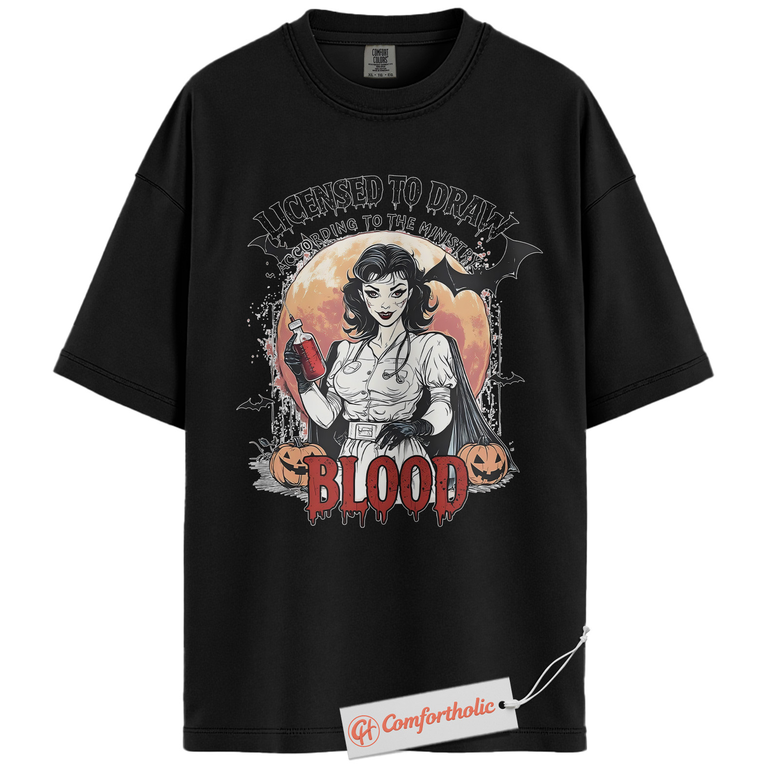 Licensed to Draw Blood Shirt, Funny Halloween Nurse T-Shirt, Retro Vampire Medical Graphic Tee, Creepy Spooky Horror Gift, Nurse Comfort Colors Shirt - Image 3