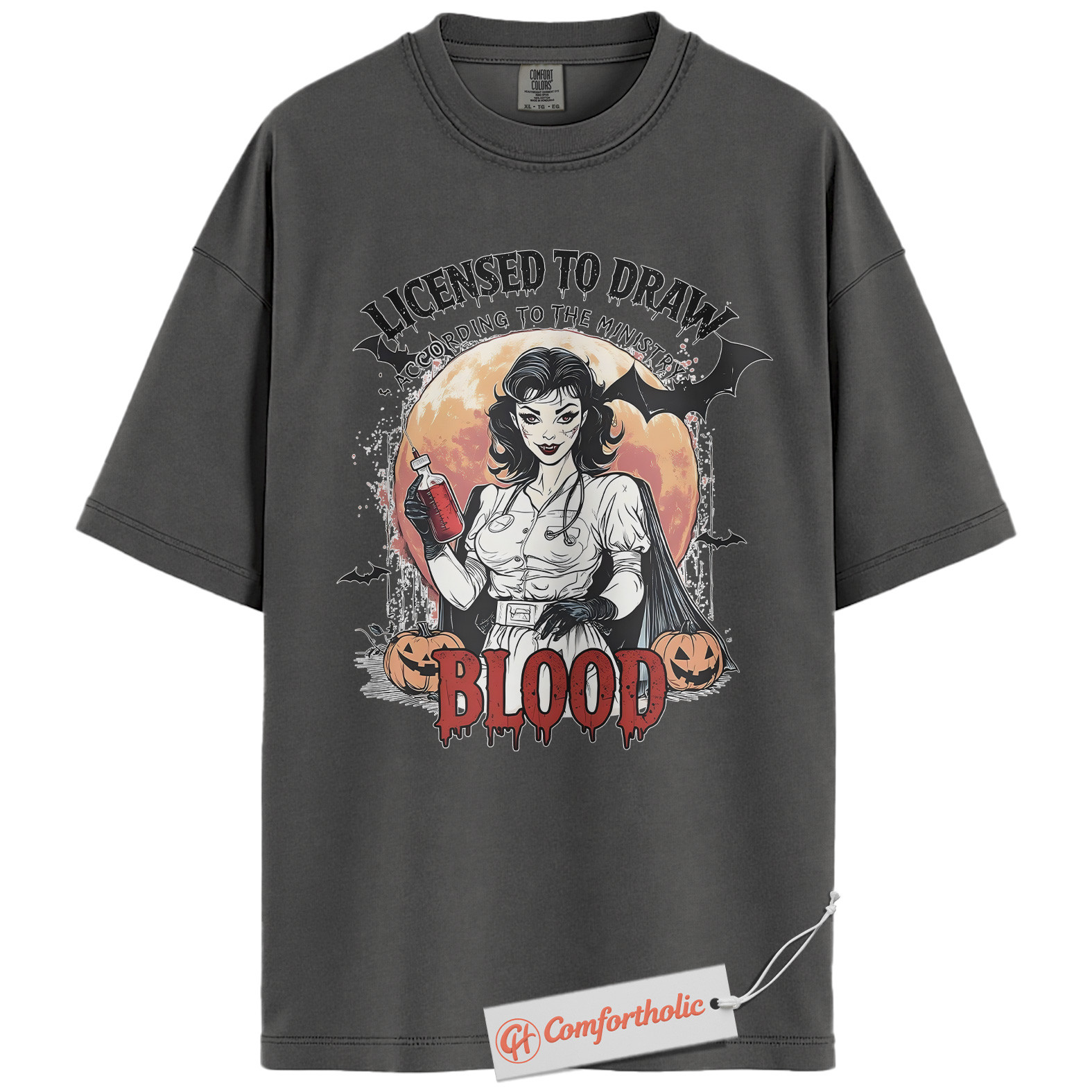 Licensed to Draw Blood Shirt, Funny Halloween Nurse T-Shirt, Retro Vampire Medical Graphic Tee, Creepy Spooky Horror Gift, Nurse Comfort Colors Shirt - Image 4