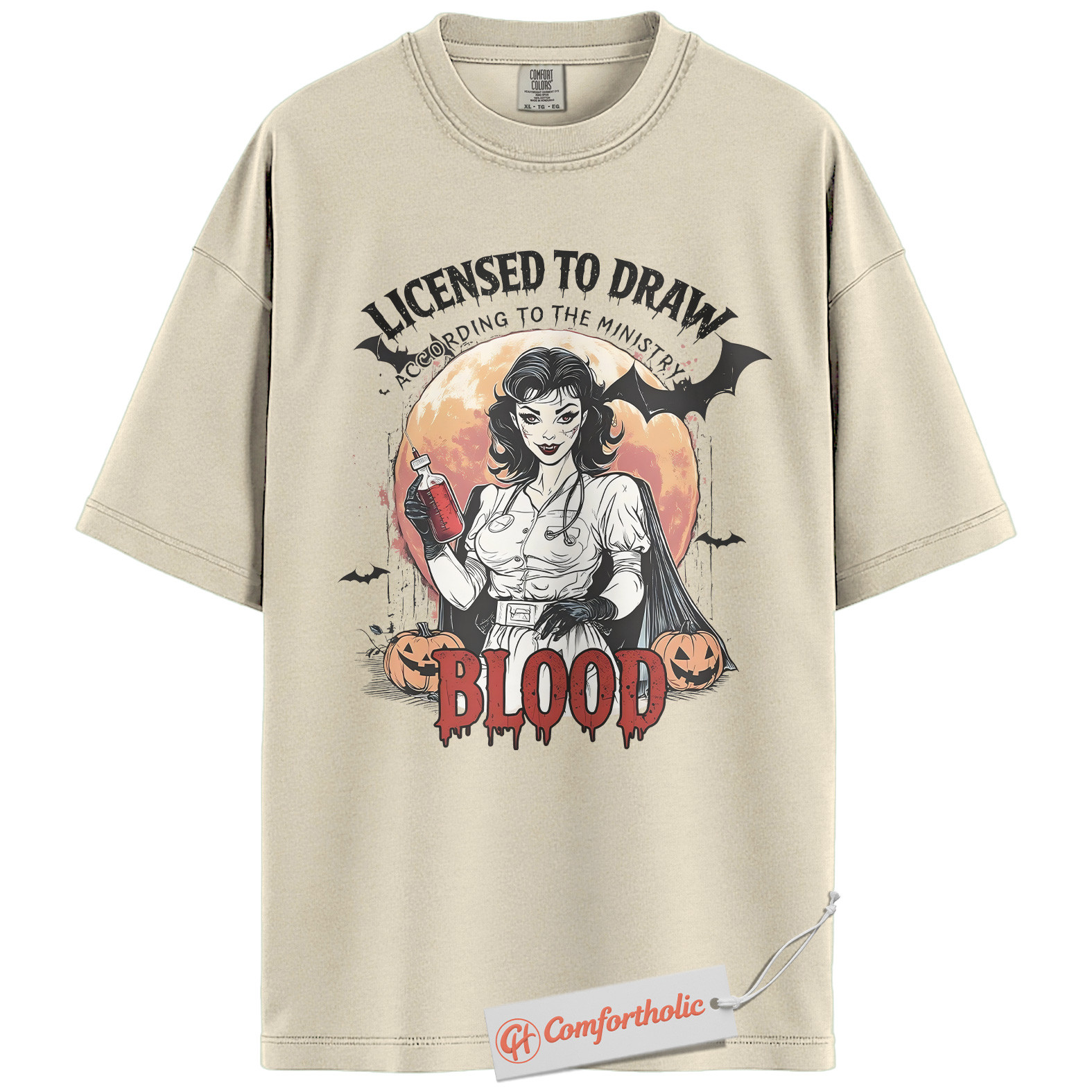 Licensed to Draw Blood Shirt, Funny Halloween Nurse T-Shirt, Retro Vampire Medical Graphic Tee, Creepy Spooky Horror Gift, Nurse Comfort Colors Shirt