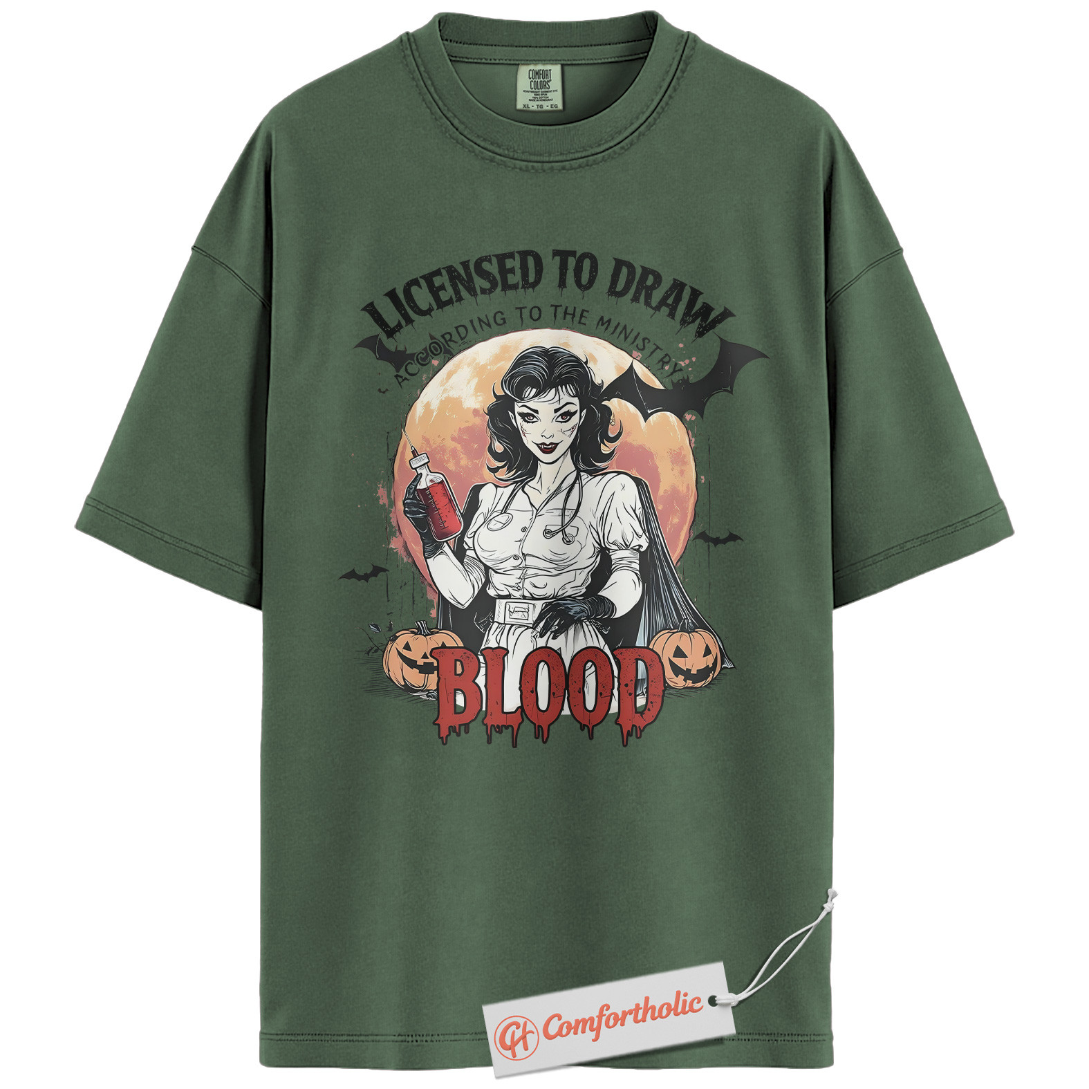 Licensed to Draw Blood Shirt, Funny Halloween Nurse T-Shirt, Retro Vampire Medical Graphic Tee, Creepy Spooky Horror Gift, Nurse Comfort Colors Shirt - Image 5