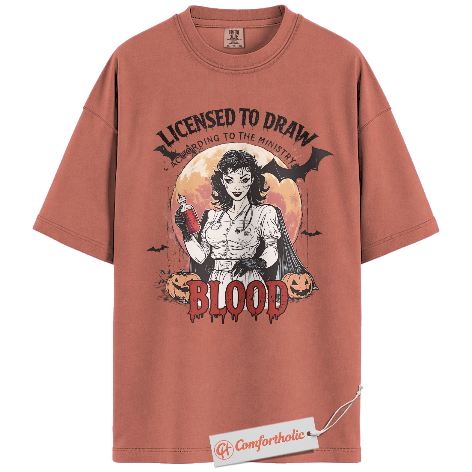 Licensed to Draw Blood Shirt, Funny Halloween Nurse T-Shirt, Retro Vampire Medical Graphic Tee, Creepy Spooky Horror Gift, Nurse Comfort Colors Shirt - Image 7