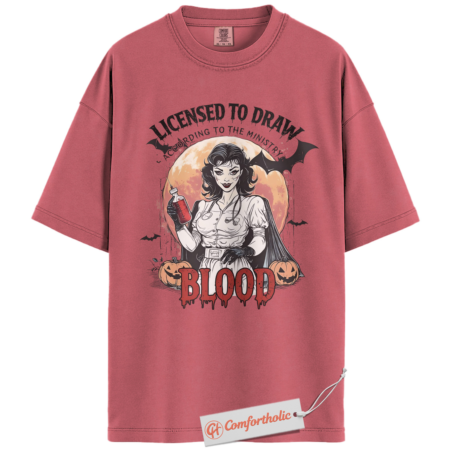 Licensed to Draw Blood Shirt, Funny Halloween Nurse T-Shirt, Retro Vampire Medical Graphic Tee, Creepy Spooky Horror Gift, Nurse Comfort Colors Shirt - Image 9