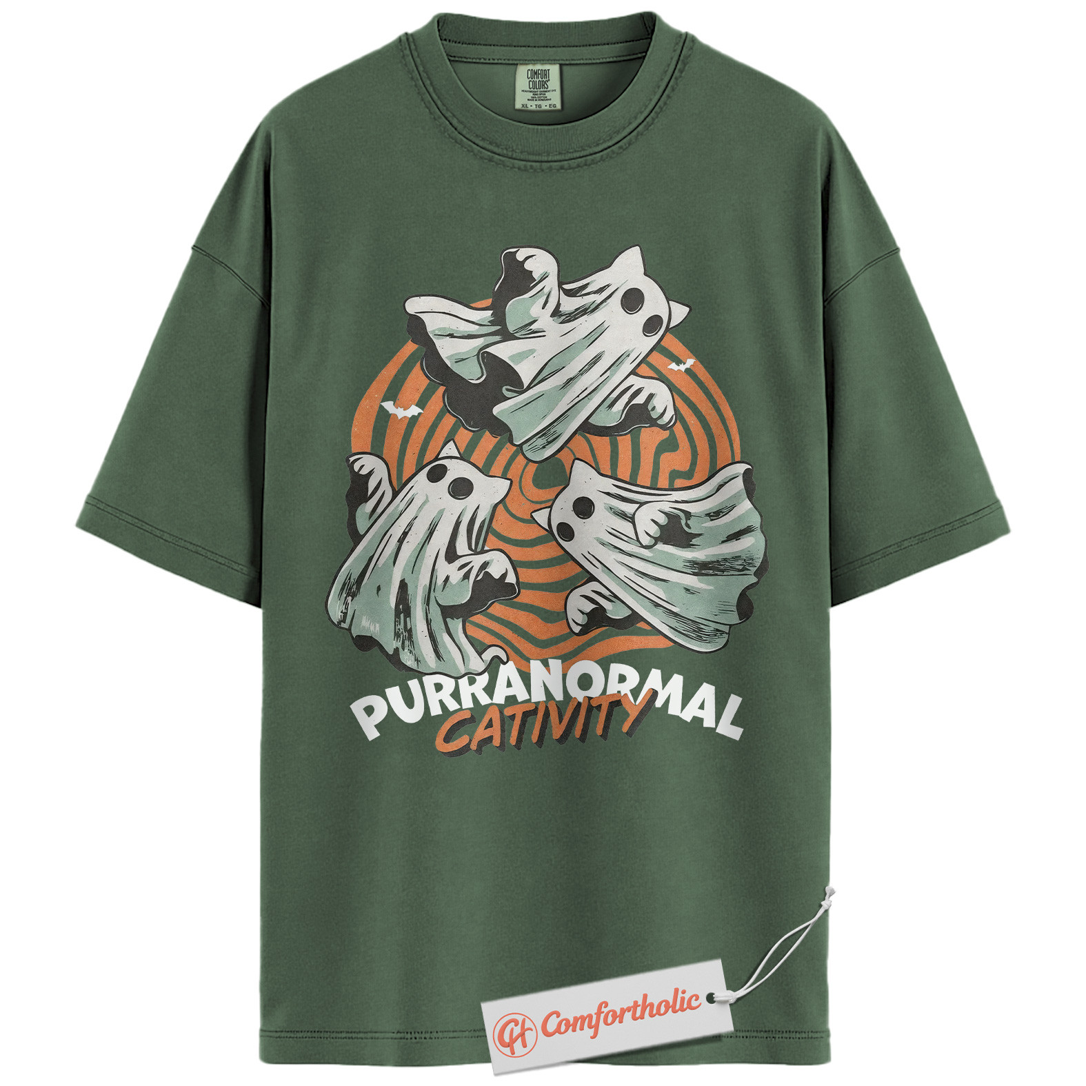 Purranormal Cativity Shirt, Funny Halloween Cat T-Shirt, Cute Ghost Kitty Graphic Tee, Spooky Animal Lover Pun Gift, Cute Cat Comfort Colors Shirt - Image 5