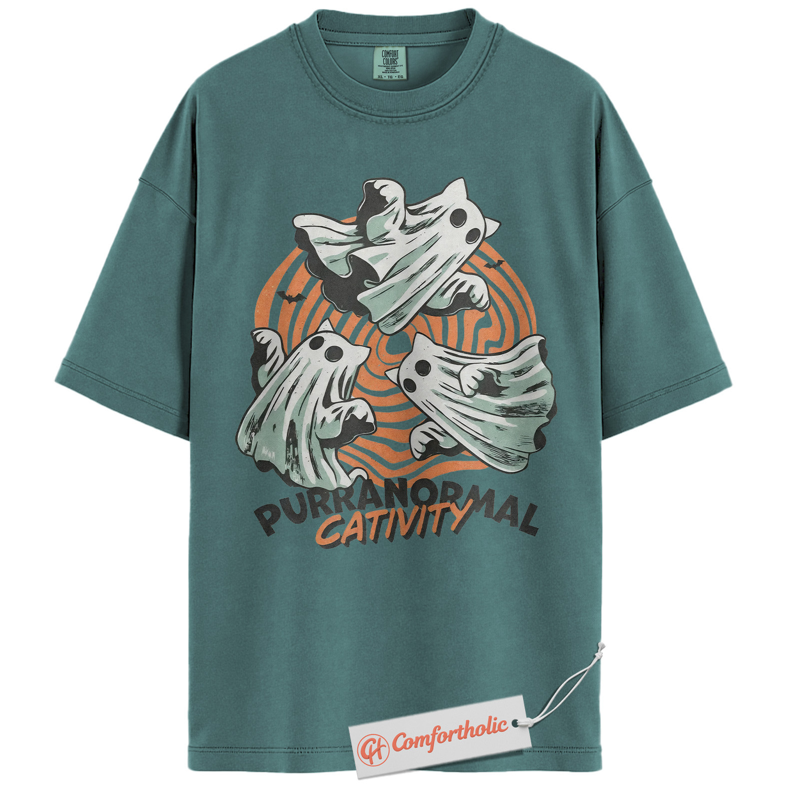 Purranormal Cativity Shirt, Funny Halloween Cat T-Shirt, Cute Ghost Kitty Graphic Tee, Spooky Animal Lover Pun Gift, Cute Cat Comfort Colors Shirt - Image 11