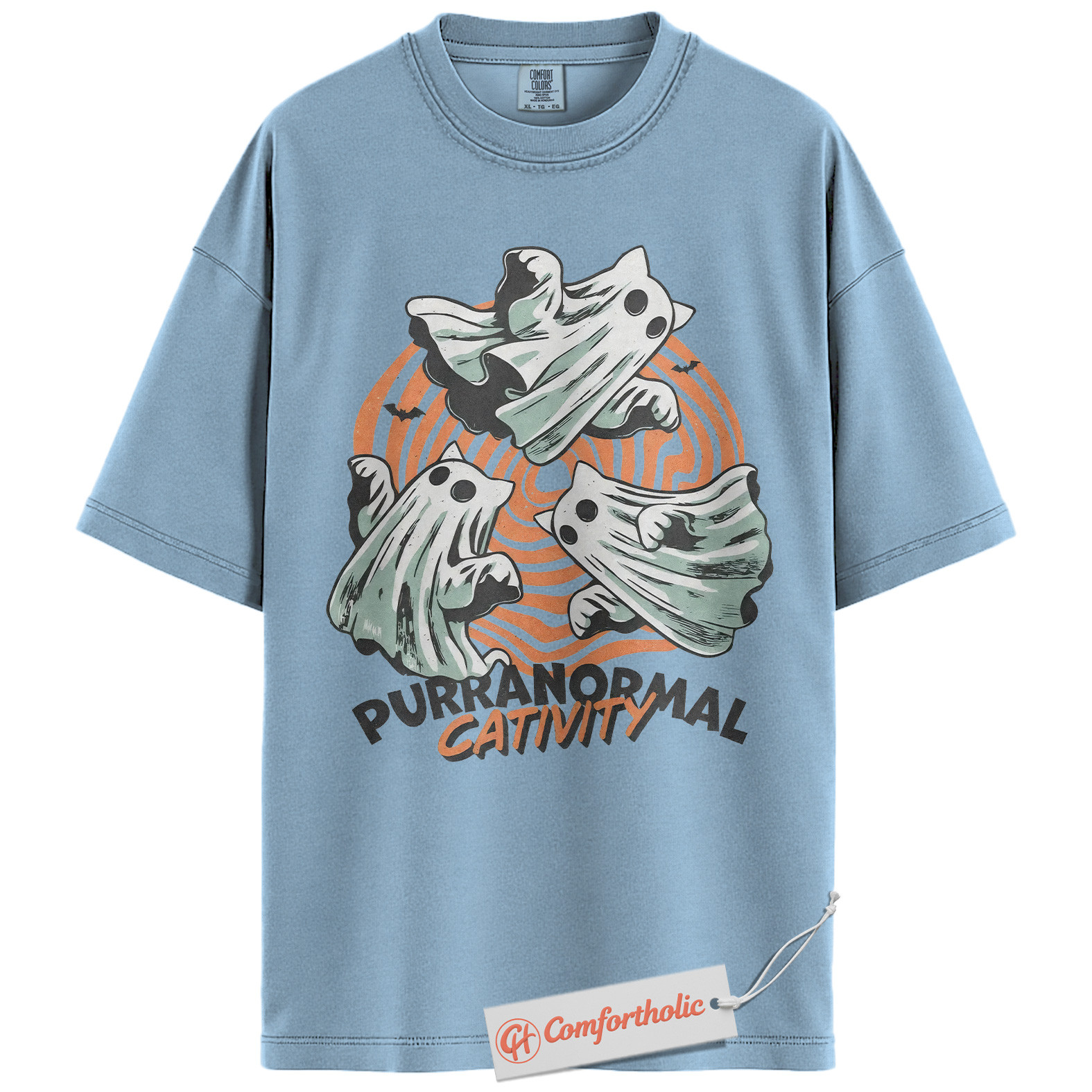 Purranormal Cativity Shirt, Funny Halloween Cat T-Shirt, Cute Ghost Kitty Graphic Tee, Spooky Animal Lover Pun Gift, Cute Cat Comfort Colors Shirt - Image 14