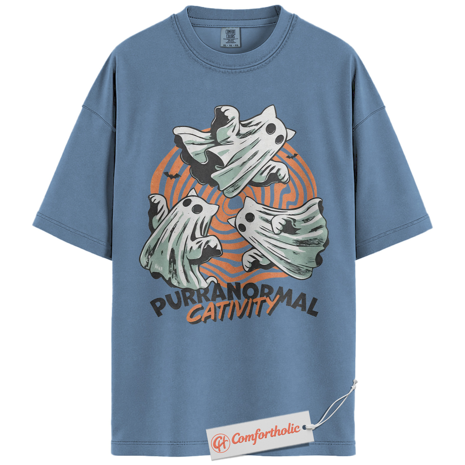 Purranormal Cativity Shirt, Funny Halloween Cat T-Shirt, Cute Ghost Kitty Graphic Tee, Spooky Animal Lover Pun Gift, Cute Cat Comfort Colors Shirt - Image 17