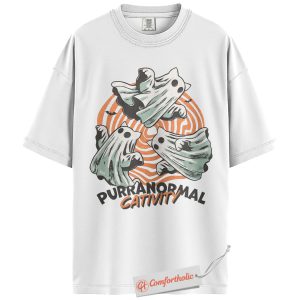 Alternative view of Purranormal Cativity Shirt, Funny Halloween Cat T-Shirt, Cute Ghost Kitty Graphic Tee, Spooky Animal Lover Pun Gift, Cute Cat Comfort Colors Shirt
