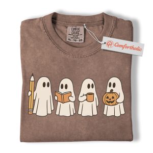 Cute Ghost Halloween Shirt, Funny Teacher Book Coffee Pumpkin T-Shirt, Spooky Fall Graphic Tee, Minimal Aesthetic Gift, Comfort Colors Shirt