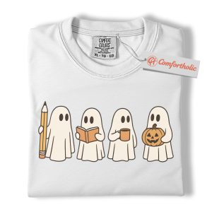 Alternative view of Cute Ghost Halloween Shirt, Funny Teacher Book Coffee Pumpkin T-Shirt, Spooky Fall Graphic Tee, Minimal Aesthetic Gift, Comfort Colors Shirt