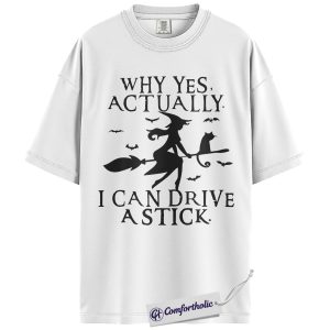 Alternative view of Why Yes I Can Drive a Stick Shirt, Funny Witch Halloween T-Shirt, Spooky Cat and Broom Graphic Tee, Cute Fall Party Gift, Halloween Comfort Colors Shirt