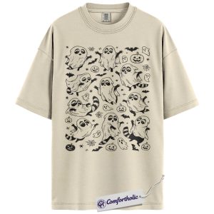 Halloween Raccoon Ghost Shirt, Cute Spooky Animal Lover T-Shirt, Funny Pumpkin Bat Graphic Tee, Fall Wildlife Gift, Trash Panda Comfort Colors Shirt