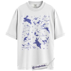 Alternative view of Cosmic Bunny Shirt, Cute Rabbit and Moon T-Shirt, Aesthetic Space Animal Graphic Tee, Starry Night Wildlife Gift, Bunny Comfort Colors Shirt