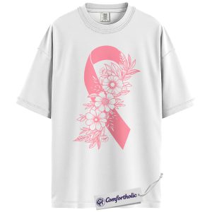 Alternative view of Breast Cancer Awareness Shirt, Pink Ribbon Floral T-Shirt, Support Survivor Graphic Tee, October Awareness Month Gift, Cancer Support Comfort Colors Shirt