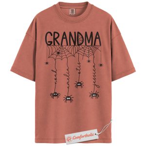 Grandma Spider Web Shirt, Custom Grandkids Name Halloween T-Shirt, Personalized Family Spooky Graphic Tee, Cute Fall Comfort Colors Shirt