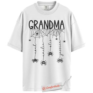 Alternative view of Grandma Spider Web Shirt, Custom Grandkids Name Halloween T-Shirt, Personalized Family Spooky Graphic Tee, Cute Fall Comfort Colors Shirt