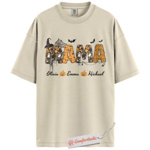 Custom Mama Halloween Shirt, Personalized Mom T-Shirt with Kids Names, Spooky Cute Pumpkin Ghost Graphic Tee, Fall Gift, Family Comfort Colors Shirt
