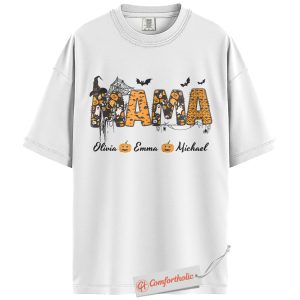 Alternative view of Custom Mama Halloween Shirt, Personalized Mom T-Shirt with Kids Names, Spooky Cute Pumpkin Ghost Graphic Tee, Fall Gift, Family Comfort Colors Shirt