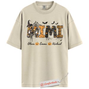 Custom Mimi Halloween Shirt, Personalized Grandma T-Shirt with Grandkids Names, Spooky Cute Pumpkin Ghost Graphic Tee, Fall Gift, Family Comfort Colors Shirt