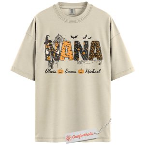 Custom Nana Halloween Shirt, Personalized Grandma T-Shirt with Grandkids Names, Spooky Cute Pumpkin Ghost Graphic Tee, Fall Gift, Family Comfort Colors Shirt
