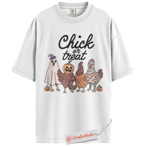 Alternative view of Chick or Treat Shirt, Funny Halloween Chicken T-Shirt, Farm Animal Costume Graphic Tee, Cute Fall Gift for Farmers, Halloween Comfort Colors Shirt