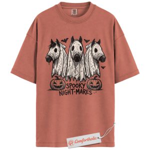 Spooky Night-Mares Shirt, Funny Halloween Horse T-Shirt, Pun Animal Costume Graphic Tee, Cute Fall Gift for Equestrian Lovers, Halloween Comfort Colors Shirt