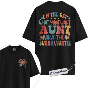 Personalized Sugar Auntie Shirt, Funny Retro Aunt T-Shirt, Cute Family Women’s Tee, Custom Name Gift for Aunts & Nieces, Auntie Comfort Colors Shirt 2-Sided