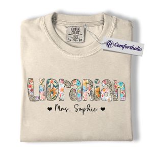Personalized Librarian Shirt, Custom Name Teacher T-Shirt, Floral Leopard Print Graphic Tee, Cute Library Staff Gift, Comfort Colors Shirt