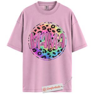 Leopard Print Mama Shirt, Cute Rainbow Graphic T-Shirt, Cute Mom Life Tee, Trendy Mother’s Day Gift, Family Comfort Colors Shirt