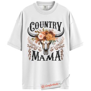 Alternative view of Country Mama Shirt, Western Cow Skull Mama T-Shirt, Boho Cowgirl Women’s Graphic Tee, Rustic Farm Mom Gift, Family Comfort Colors Shirt