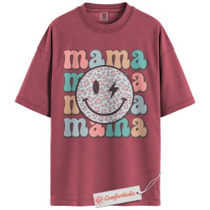 Retro Mama Shirt, Smiley Face Leopard Print T-Shirt, Cute Mom Life Graphic Tee, Trendy Mother’s Day Gift, Family Comfort Colors Shirt