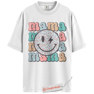 Alternative view of Retro Mama Shirt, Smiley Face Leopard Print T-Shirt, Cute Mom Life Graphic Tee, Trendy Mother’s Day Gift, Family Comfort Colors Shirt