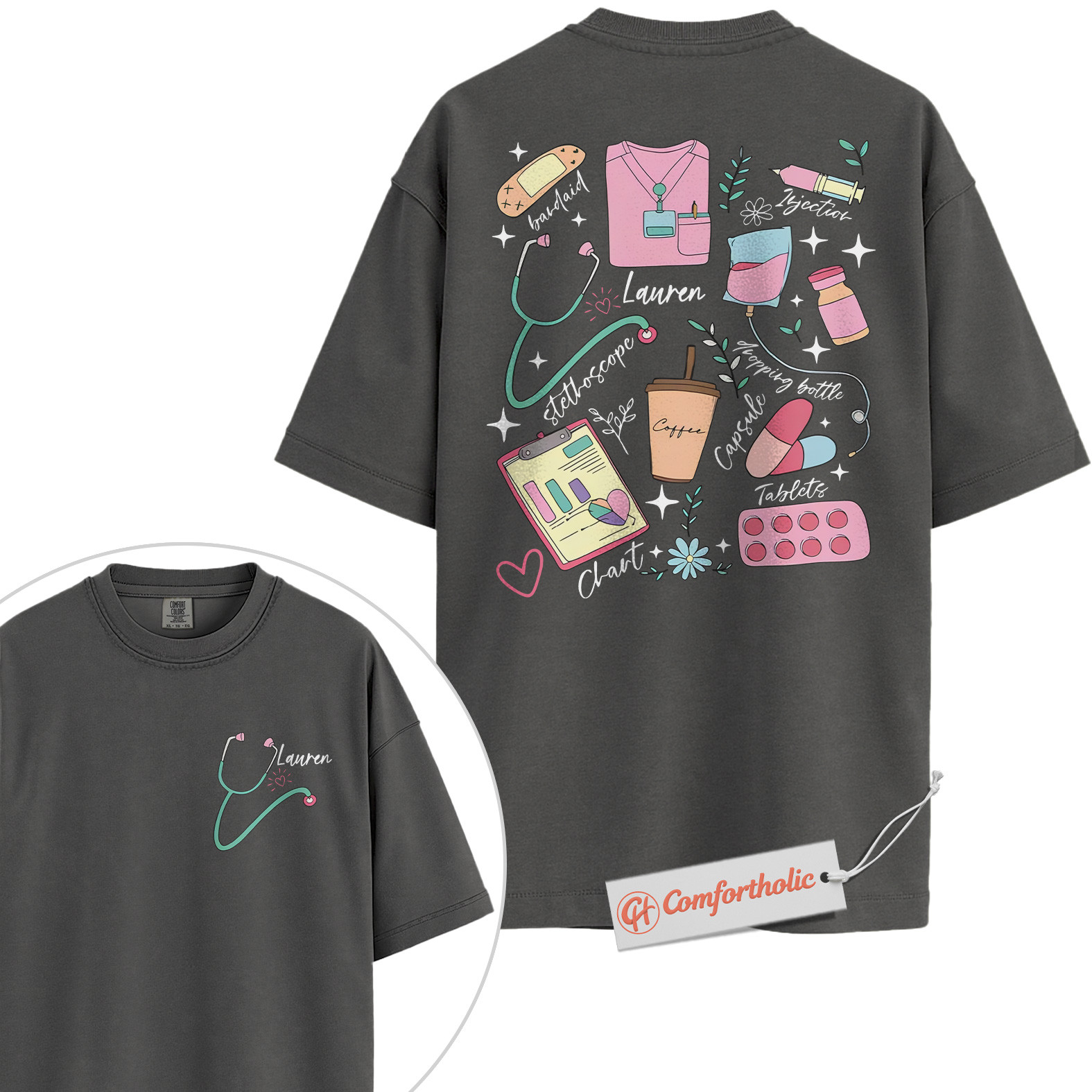 Custom Nurse Shirt, Personalized Nursing T-Shirt, Cute Medical Worker Graphic Tee, Nurse Student Gift, Comfort Colors Shirt 2-Sided - Image 4